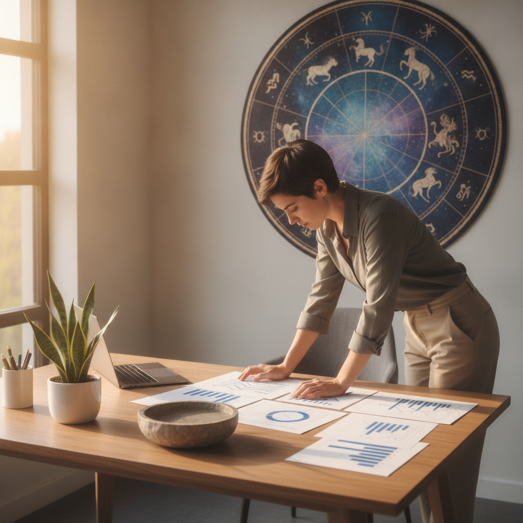 Calm owner workspace after Vaastu corrections supporting business astrology plan