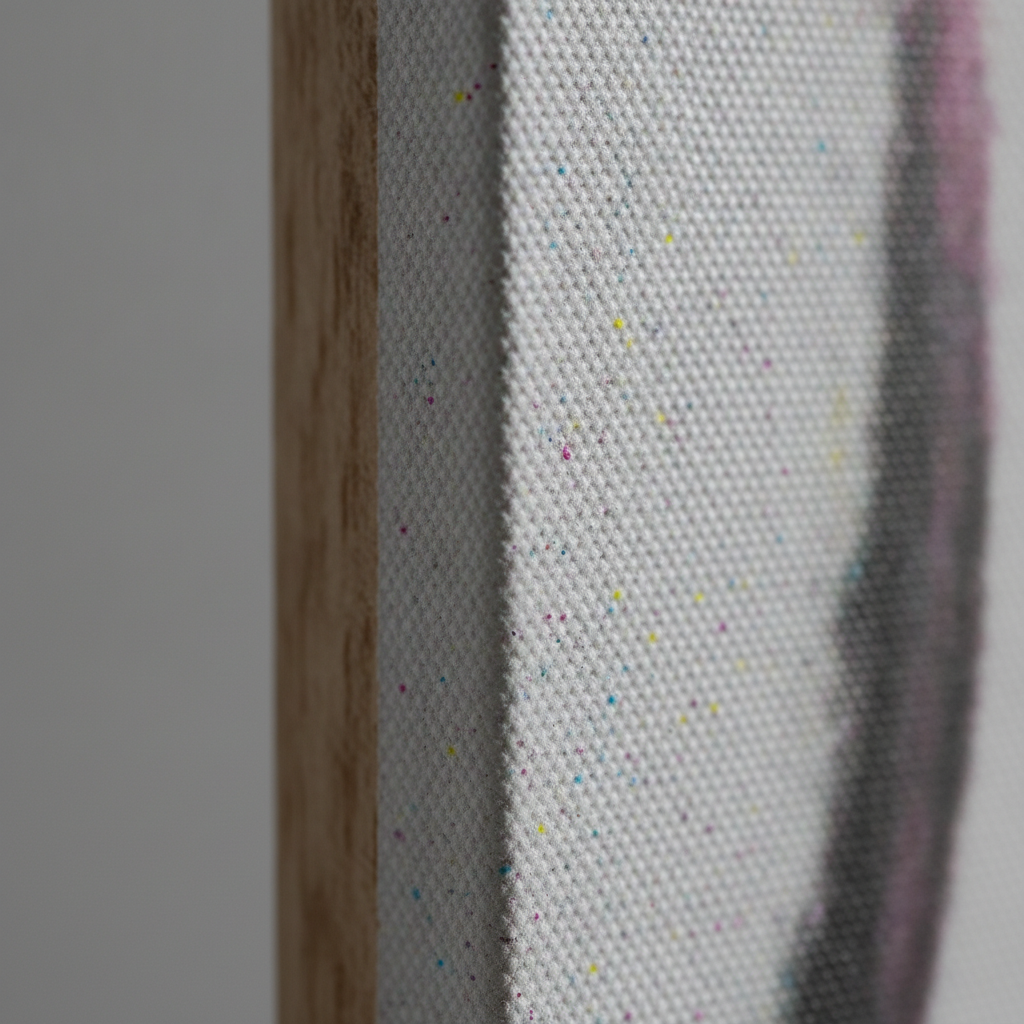 Macro texture of large format canvas prints showing weave, ink laydown, and clean edge wrap
