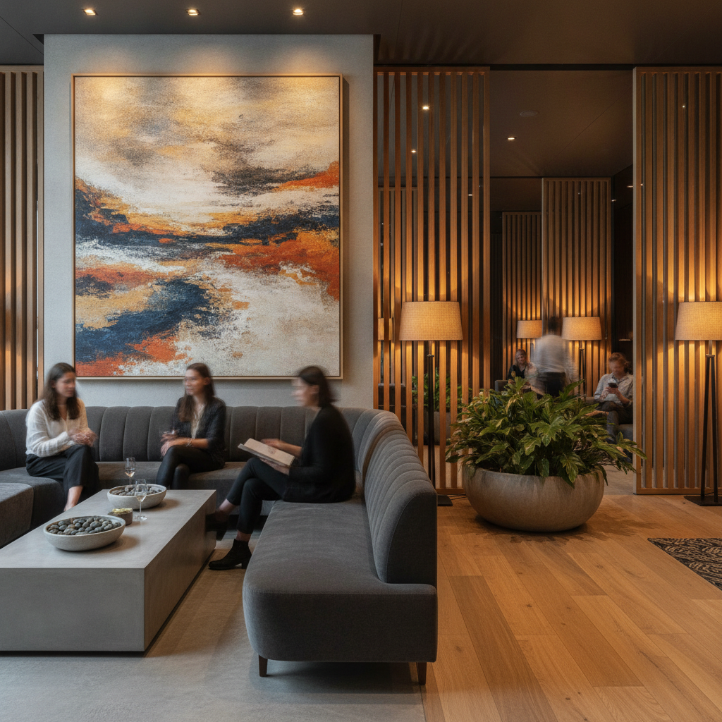 Oversized canvas in a hospitality lounge; comparison scenario for large format canvas prints vs seamless wall printing