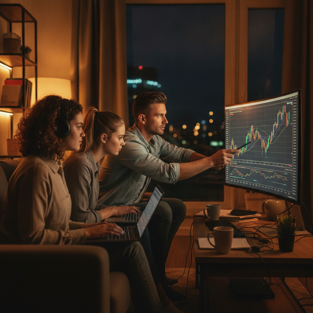Mentor guiding beginners in a live online session about stock signals and risk rules as part of a trading course