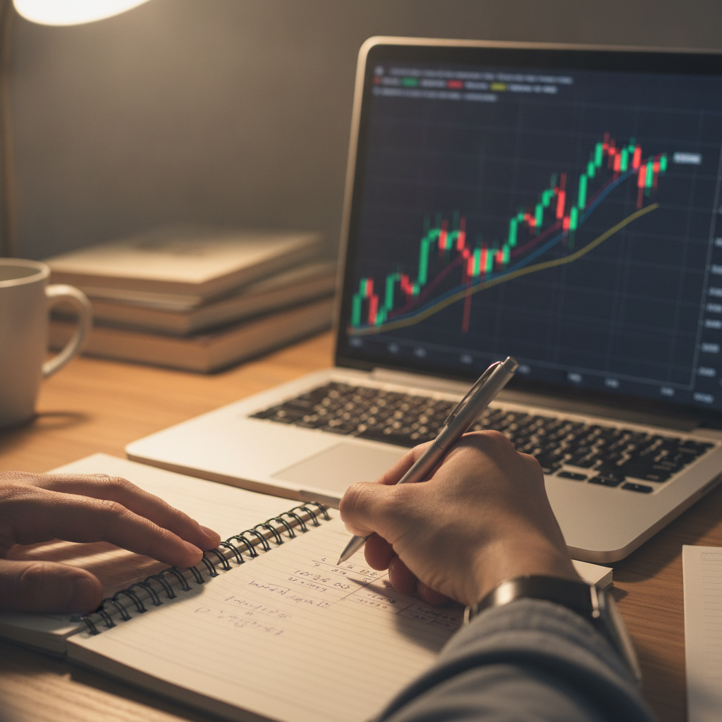 Close-up of risk-reward notes beside a chart, illustrating beginner stock trading course focus on risk management and entries