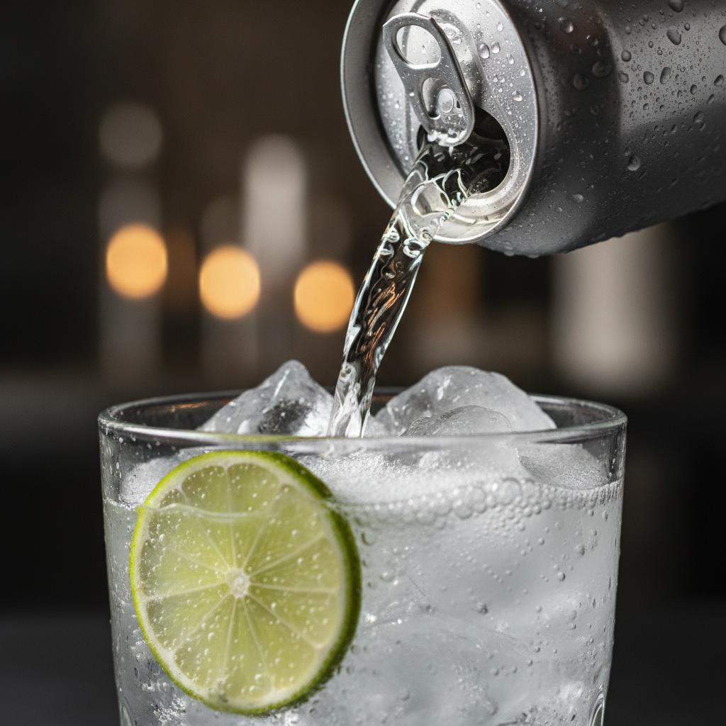 Close-up of a canned gin and tonic poured over ice, illustrating ready to drink cocktails quality and serving style