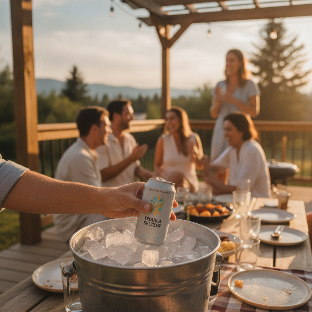 Backyard gathering in Canada at golden hour with a hand lifting a canned tequila seltzer from an ice cooler, showcasing how to enjoy ready to drink cocktails outdoors