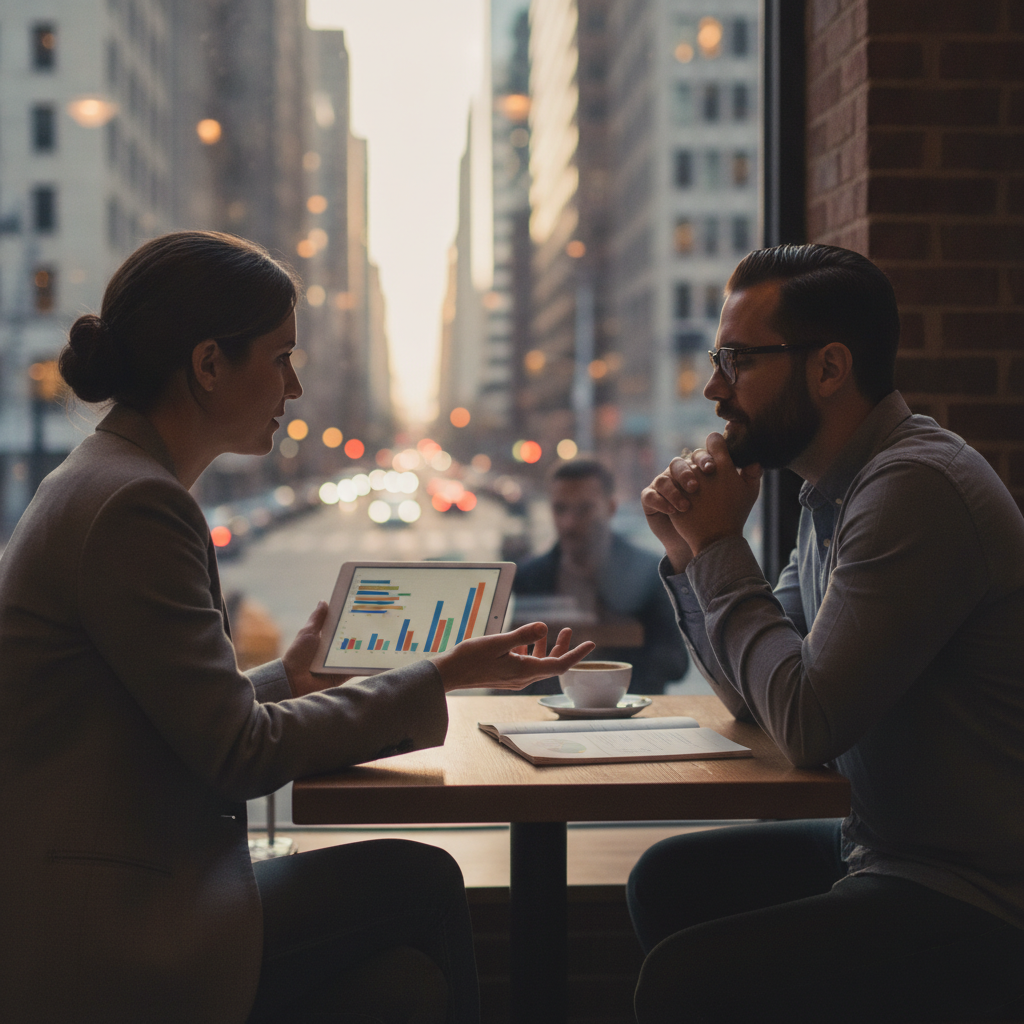 Small business owner in the UAE meeting a marketing consultant to plan a lead generation campaign with tablet graphs visible