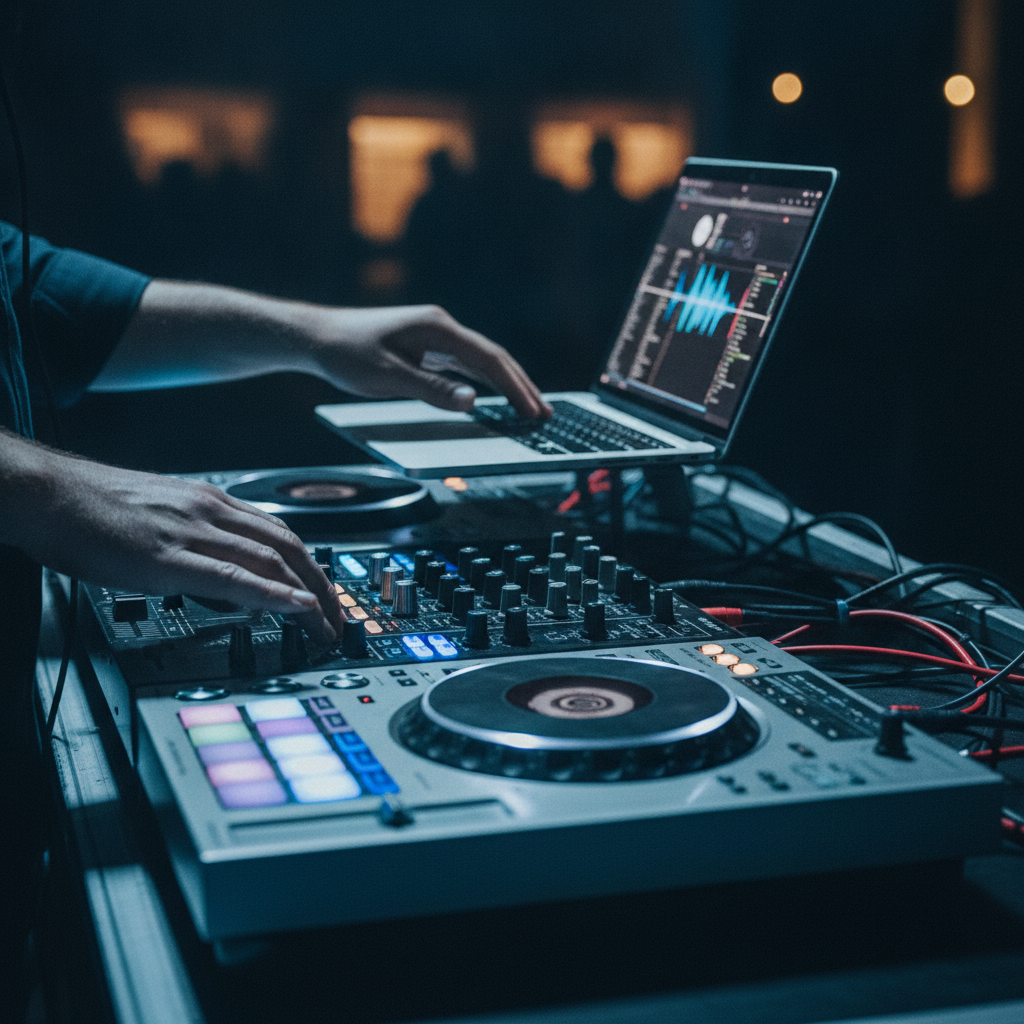 Close-up of wedding DJ mixer and laptop during planning, showing clean cable management and lighting pads for Oakville wedding reception
