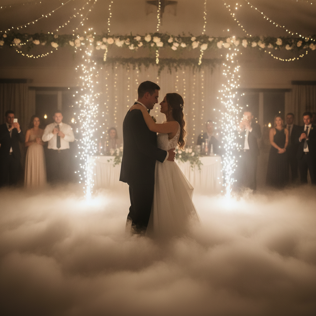 First dance with dancing on clouds dry ice and cold sparklers at an Oakville wedding, timed to a curated DJ cue list