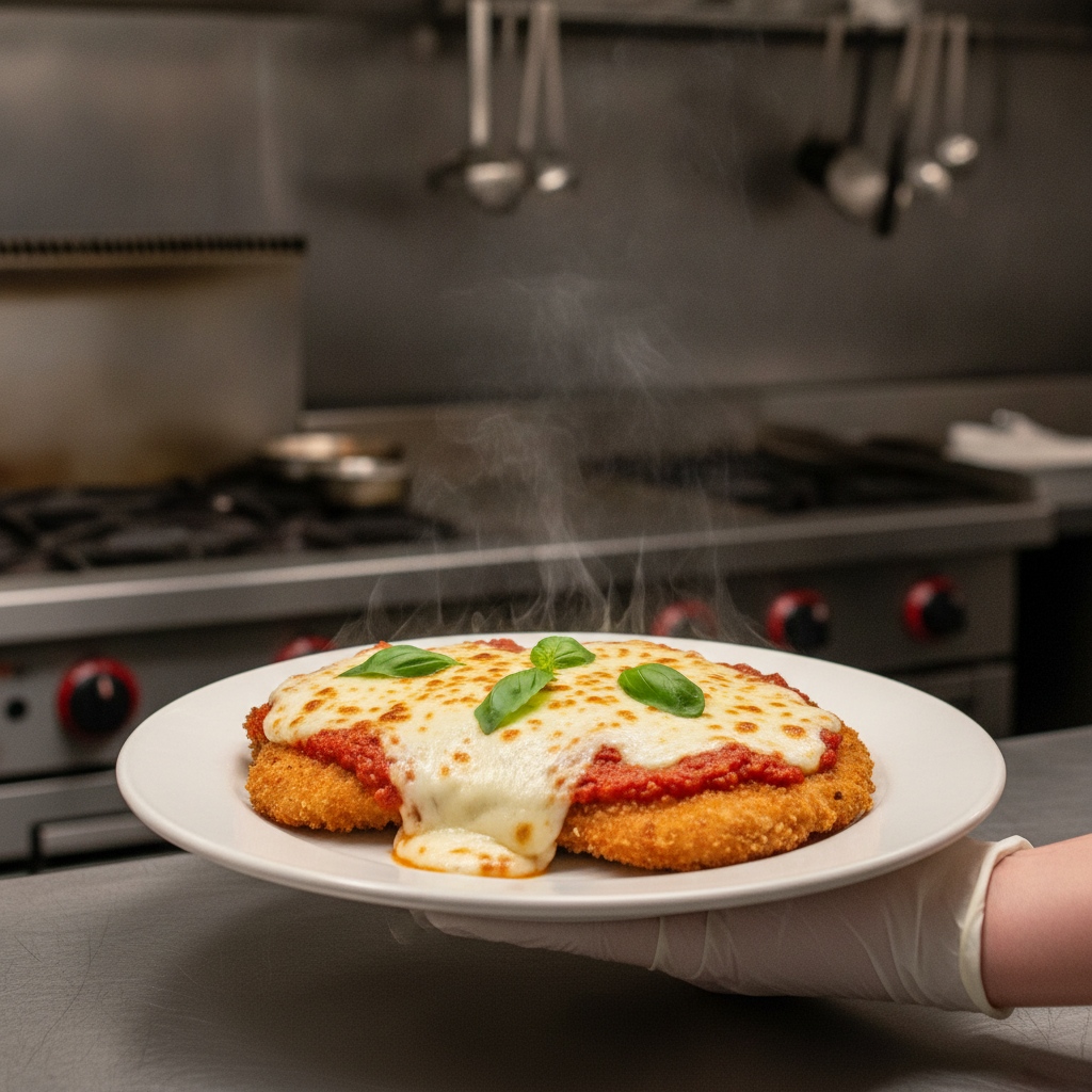 Close-up chicken parmesan plated as an Italian main course with marinara and mozzarella at Bellissimo in Baranow