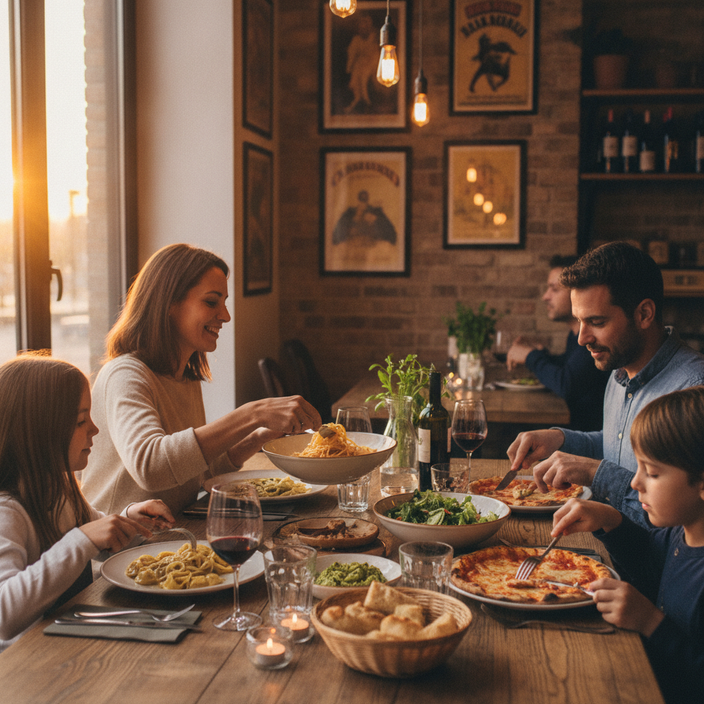 Family in Baranow sharing Italian main courses, pasta bowls and stone-baked pizza at Bellissimo