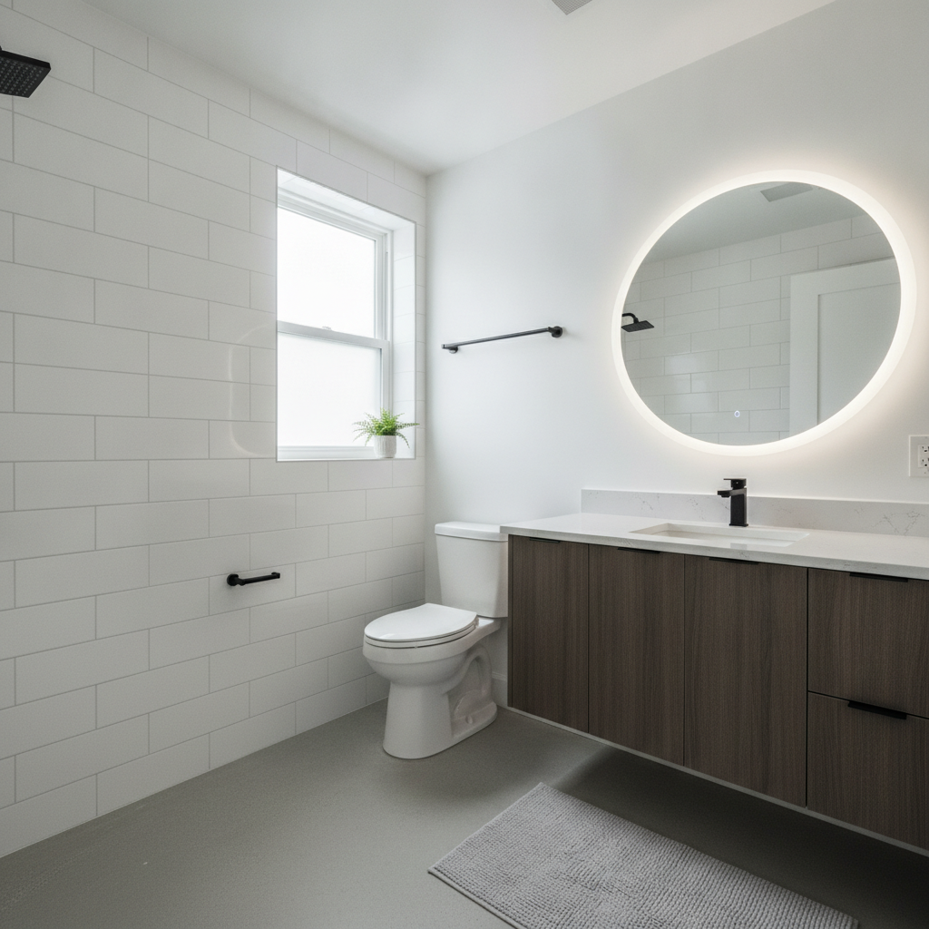 Freshly remodeled rental apartment bathroom in London with white subway tile, matte black hardware, water-efficient fixtures, and quartz vanity