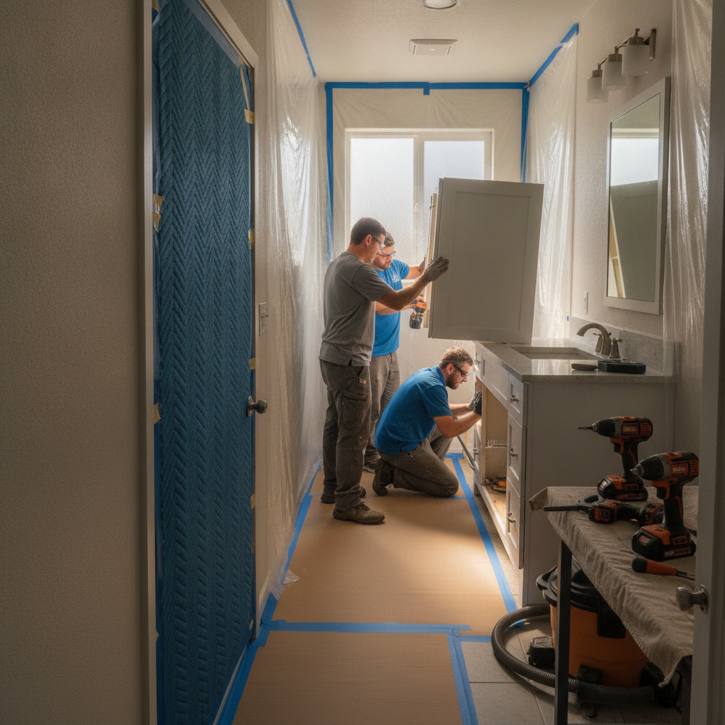 Contractors installing a pre-assembled vanity during a tenant-occupied rental-unit bathroom remodel in London with doorway protection and floor coverings