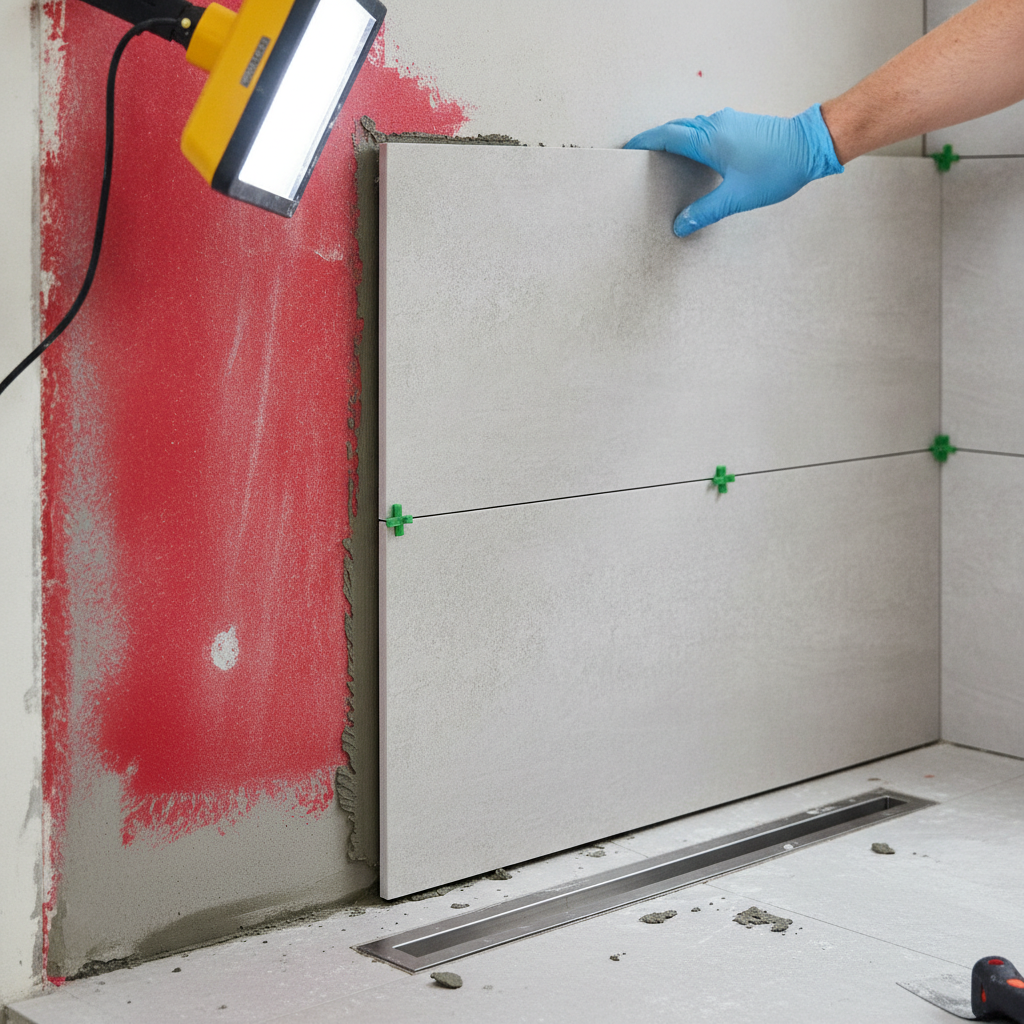 Close-up of waterproofing and tile installation details during a rental-unit bathroom remodel in London, showing cement board, membrane, spacers, and porcelain tile for durability