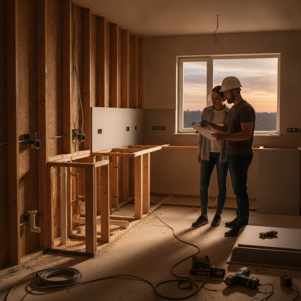 Kitchen remodel contractor reviewing plans in a partially finished kitchen with new plumbing and electrical rough-ins in The Meadows