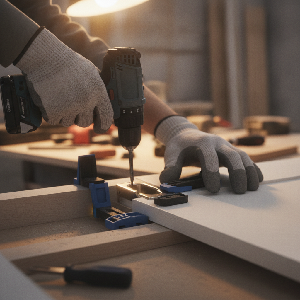 Close-up of a kitchen remodel contractor installing soft-close cabinet hinges, emphasizing craftsmanship and alignment in a modern kitchen renovation
