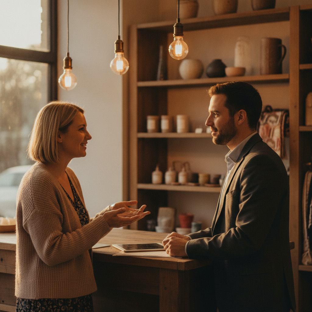 Small business owner in Whitby consulting an insurance broker about permanent life insurance for a buy–sell agreement