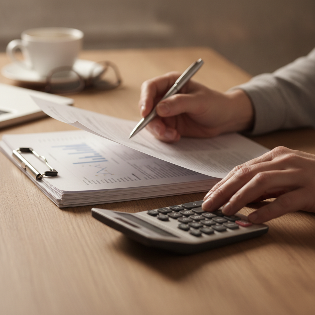 Close-up of reviewing permanent life insurance documents and calculator, illustrating careful planning for Ontario families