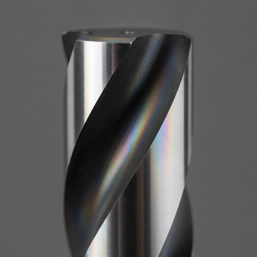 Close-up of DLC-coated carbide end mill from PVD showing mirror-like finish and low friction surface