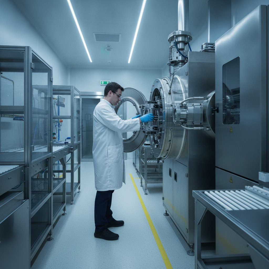 Technician loading fixtures into a modern PVD vacuum system in a clean manufacturing cell, illustrating production-ready coating operations