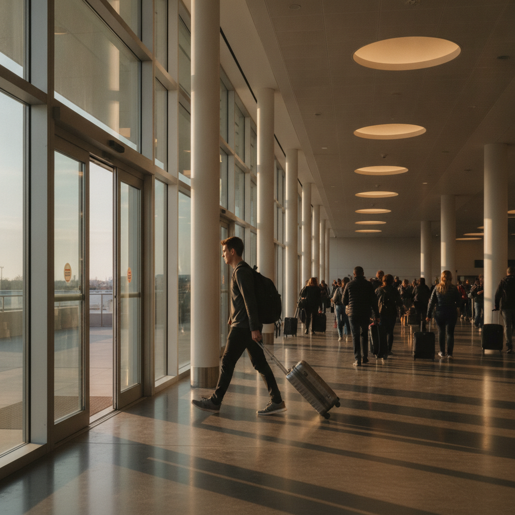 Traveler arriving in Ontario at airport arrivals area for Canadian immigration entry