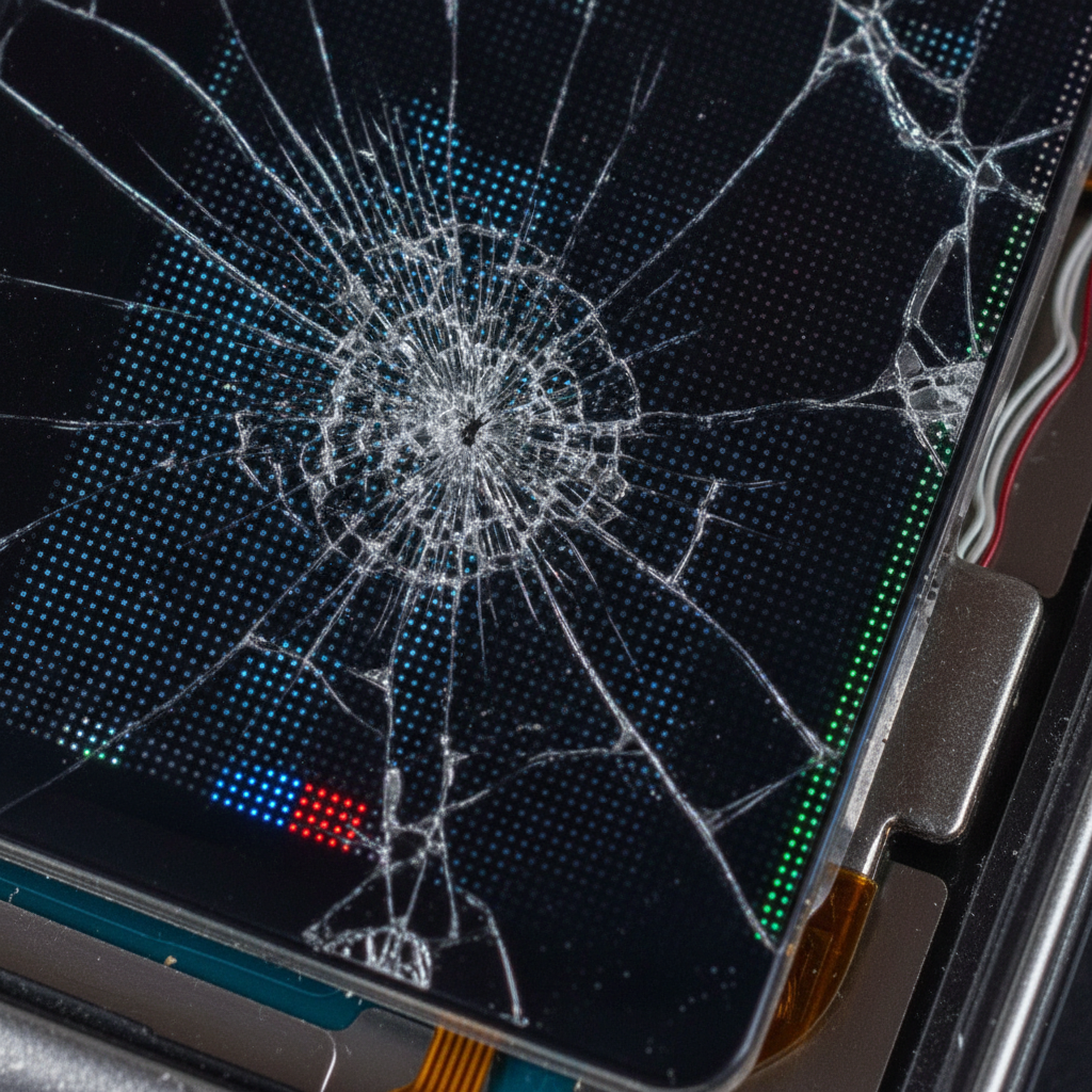 Close-up of cracked Samsung Galaxy OLED display showing spiderweb fractures and color streaks—classic Samsung Galaxy screen repair signs