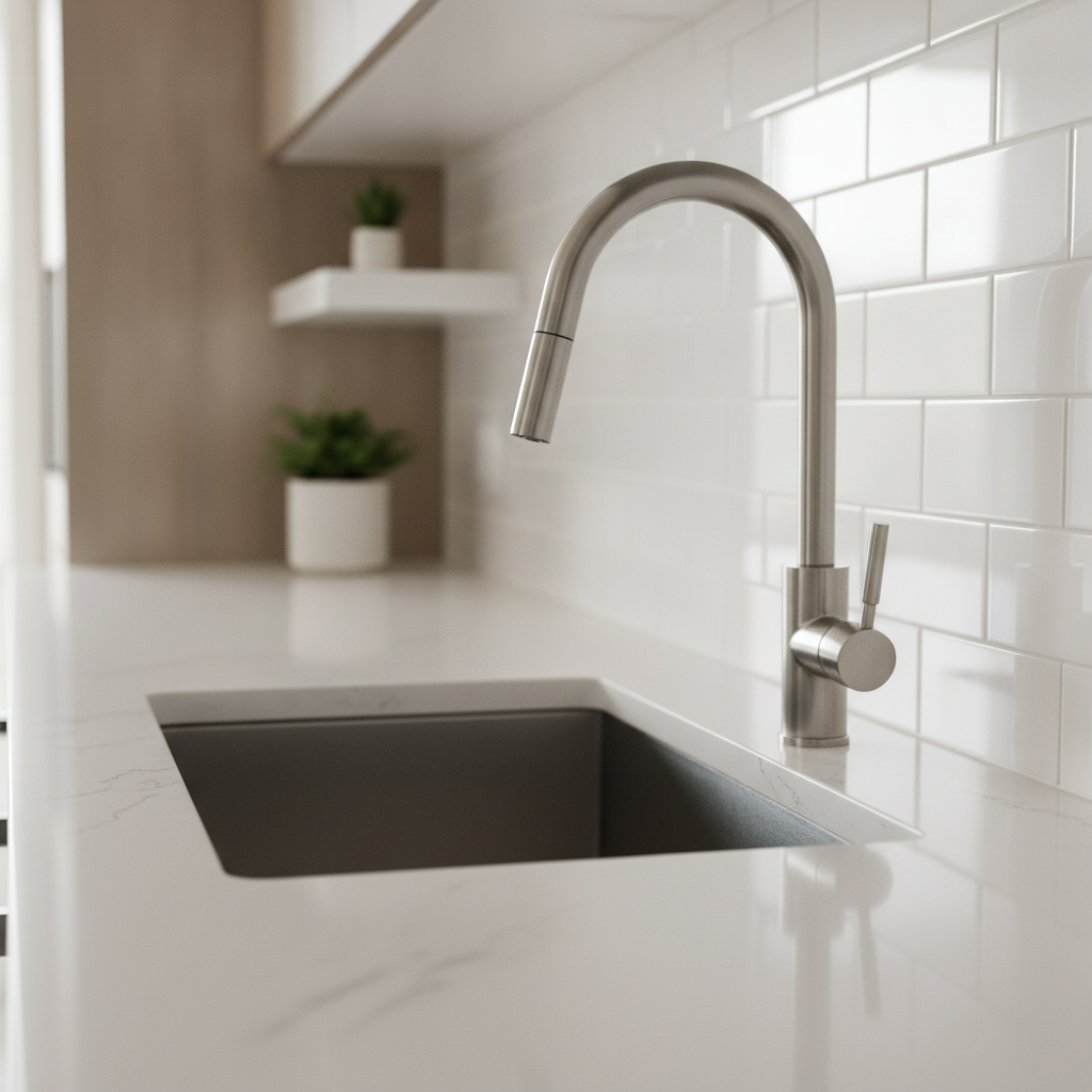 Modern Southwest Edmonton kitchen detail with quartz counters, stainless sink, and subway tile backsplash in a home for sale