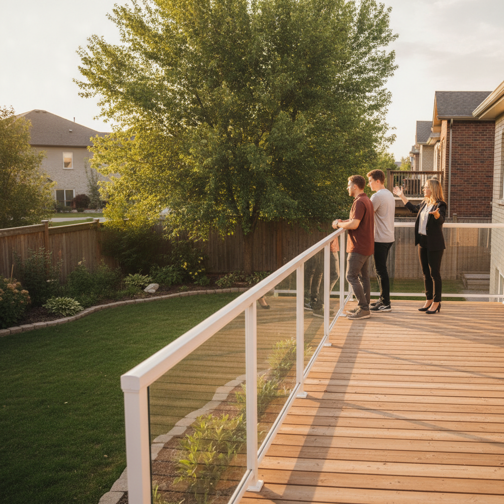 Southwest Edmonton home showing: buyers review a landscaped backyard and deck with their agent before making an offer