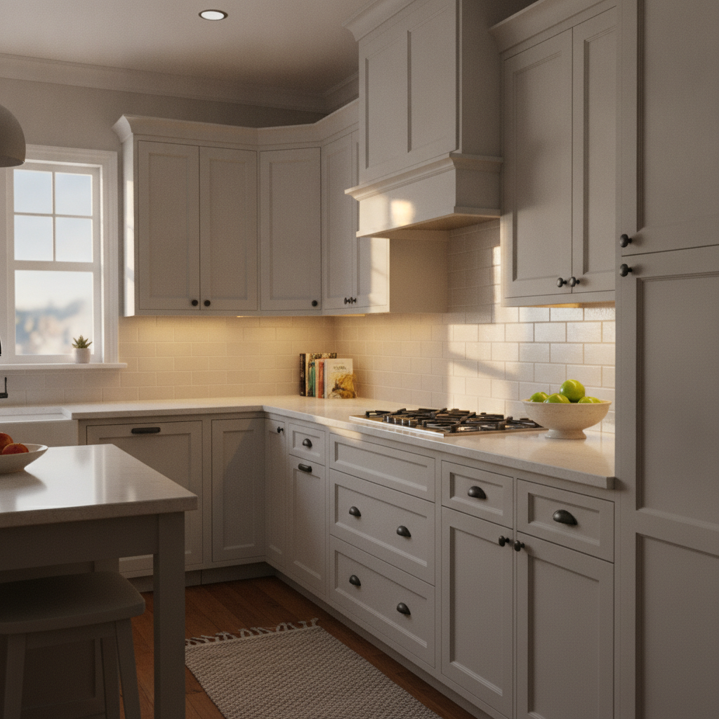 Finished York kitchen after cabinet resurfacing with soft gray shaker doors, matte black hardware, and under-cabinet lighting