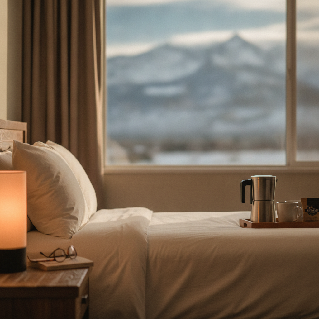 Renovated cheap motel room interior in North Conway with cozy mountain-view window and warm bedside lamp