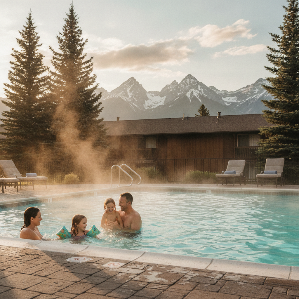 Family enjoying an outdoor heated pool at a North Conway cheap motel with mountain backdrop