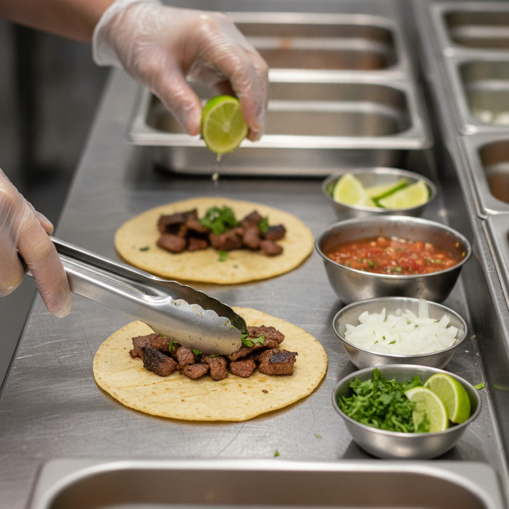 Close-up of Mexican tacos being assembled at a catering line, showing tortillas, grilled meats, cilantro, onions, and limes for an Old Toronto event