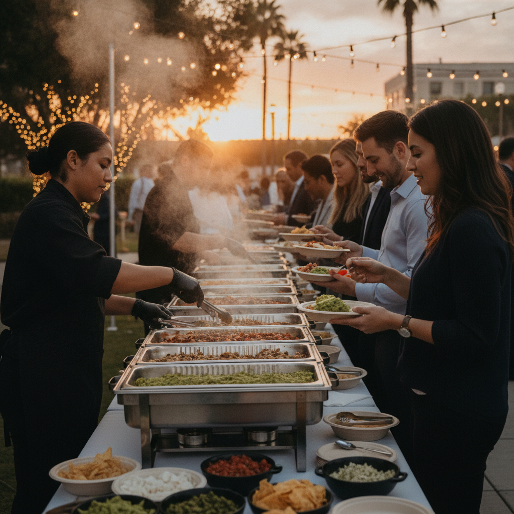 Outdoor Mexican catering buffet scene with chafing dishes, staff serving guests, and eco-friendly plates under warm string lights in Old Toronto