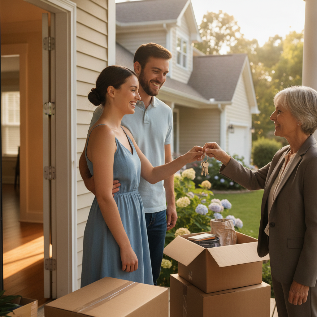 New homeowners receiving house keys at the front door after first home buyer loan settlement
