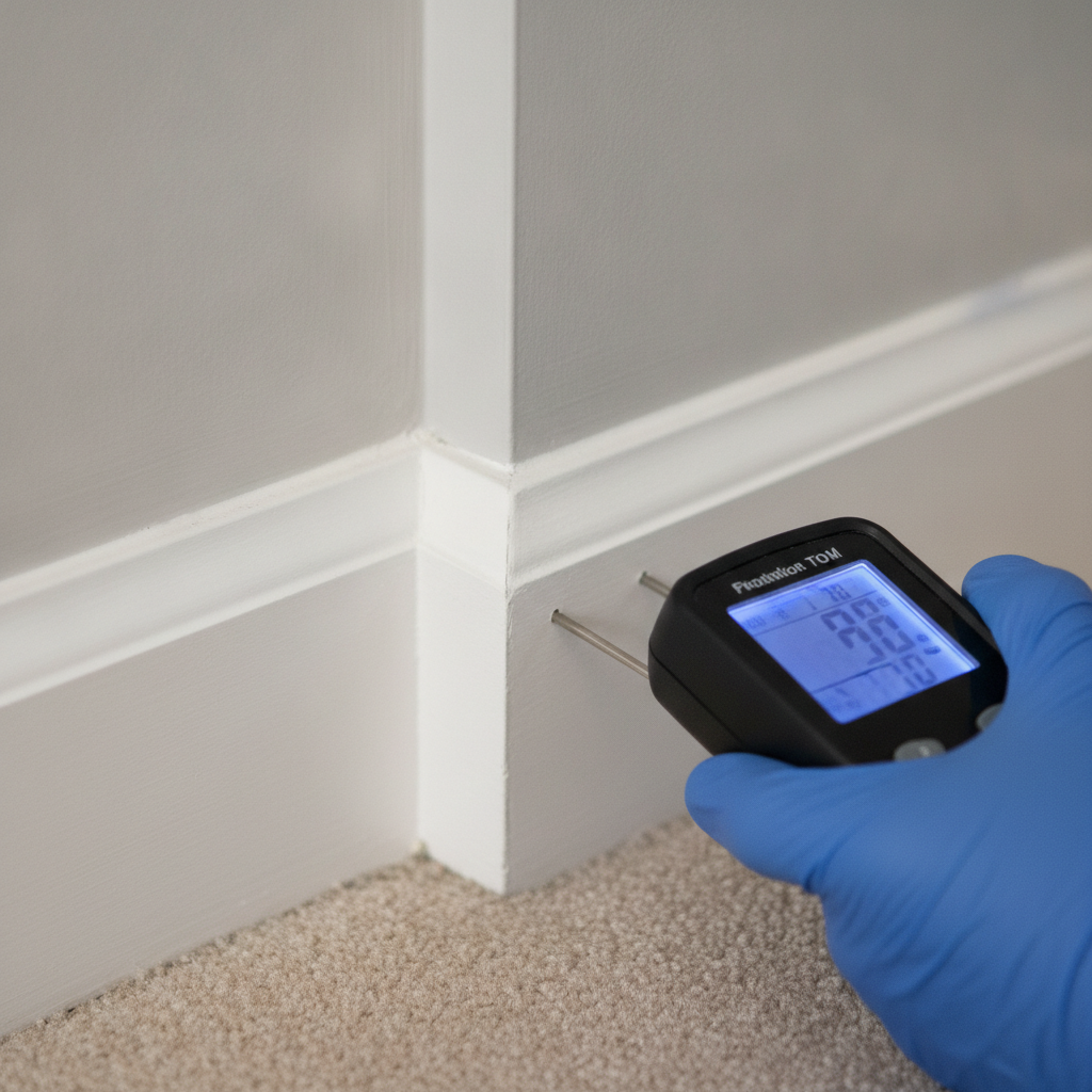 Inspector using a moisture meter during a home inspection to detect hidden leaks and protect structure