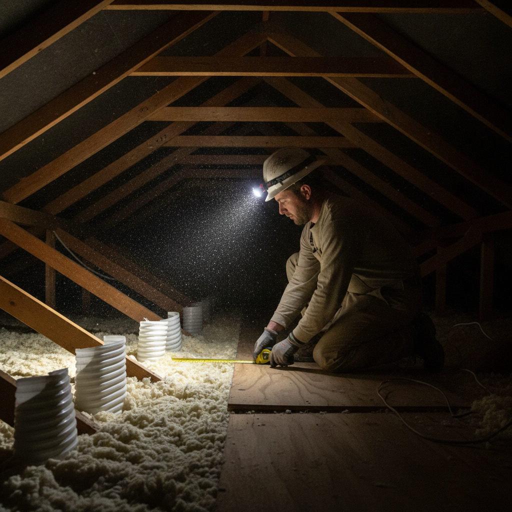 Home inspector in attic checking insulation depth and ventilation baffles during an attic inspection