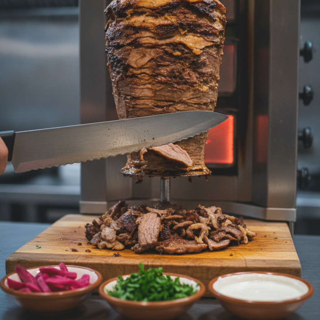 Close-up of shawarma carved from a rotisserie for corporate catering platters in Old Toronto