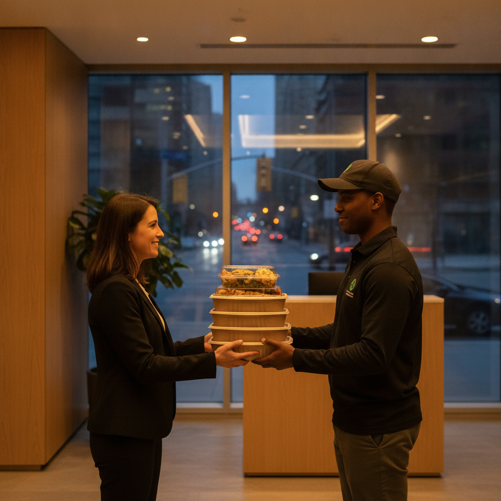 Delivery handoff of eco-friendly shawarma catering trays to an Old Toronto office lobby