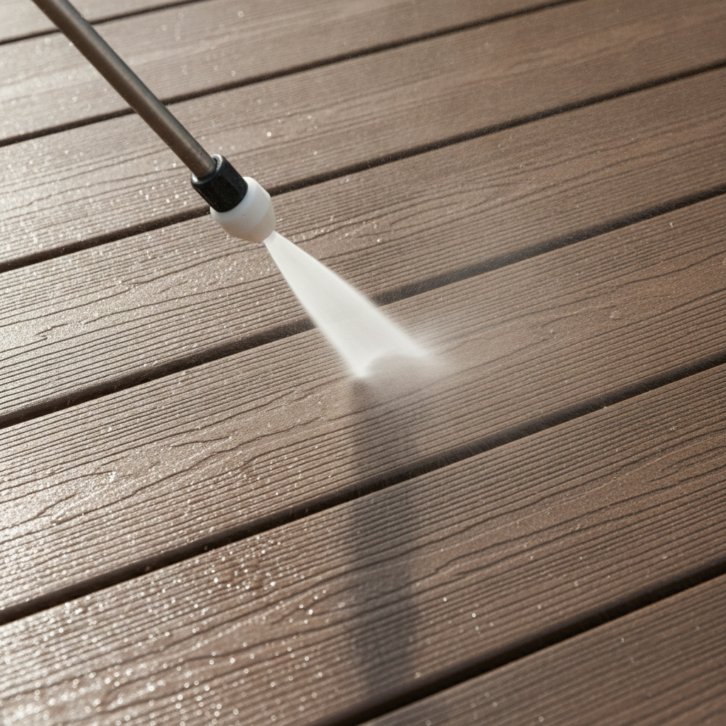 Close-up of a 40-degree white nozzle cleaning a composite Trex deck board at safe distance for power washing