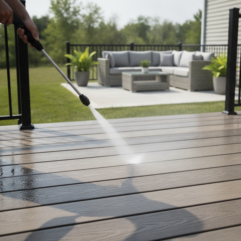 Featured overview of power washing a Trex composite deck with a gentle fan-spray nozzle in a bright backyard