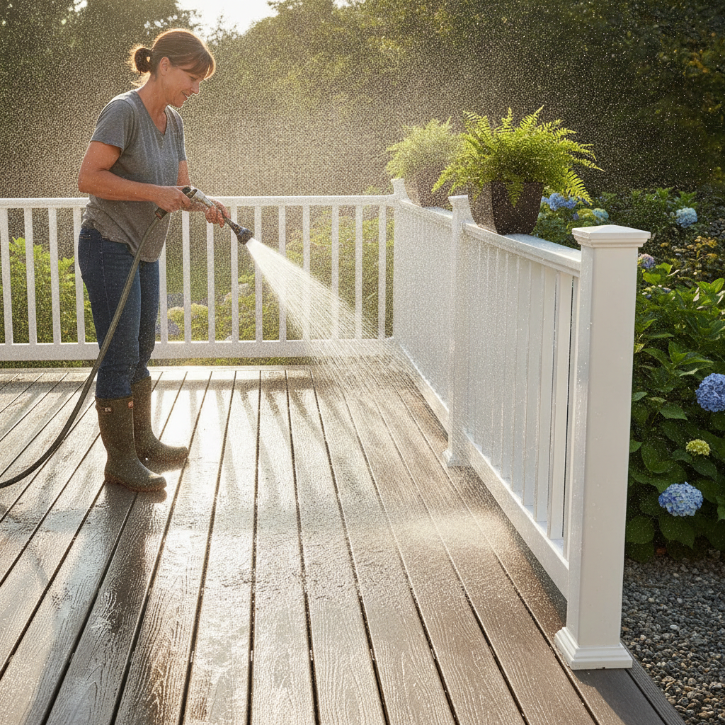 Side-angle of homeowner rinsing a composite deck after cleaning, water shedding through gaps and off the railing