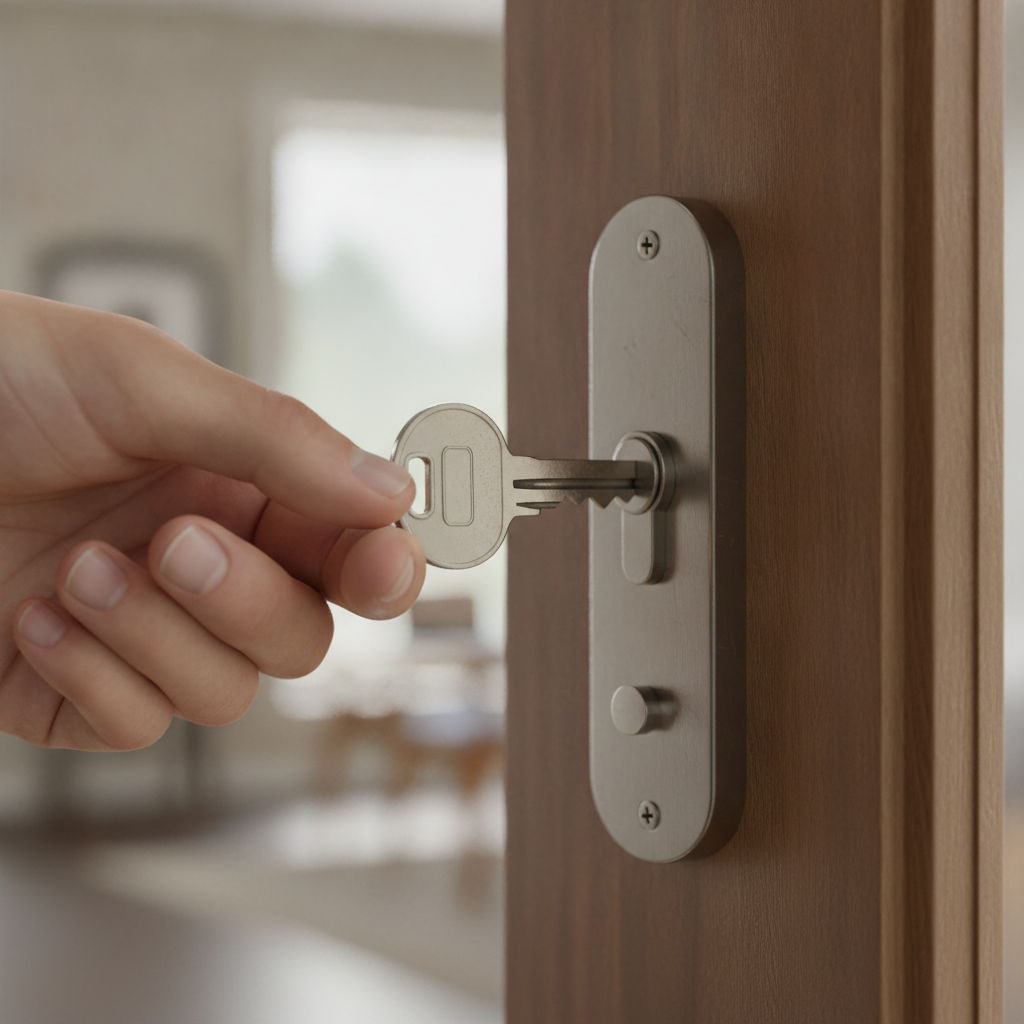Close-up of a key entering a modern front-door lock symbolizing secure MLS listings search and Houseup closing tools