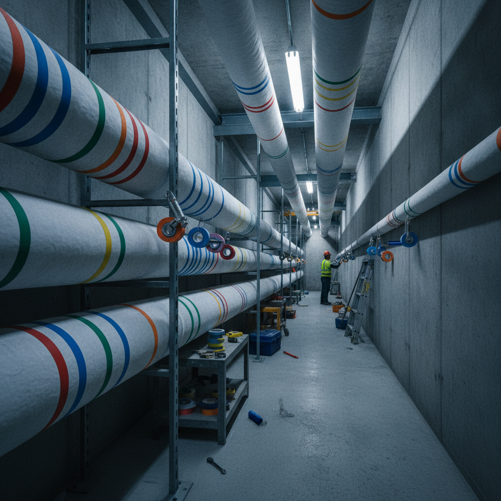 Industrial utility corridor with multiple insulated pipes wrapped in color bands from roll pipe markers, demonstrating consistent placement and visibility