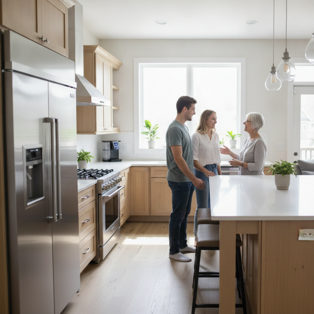 Couple touring a bright kitchen after using MLS listings and Houseup to schedule viewings