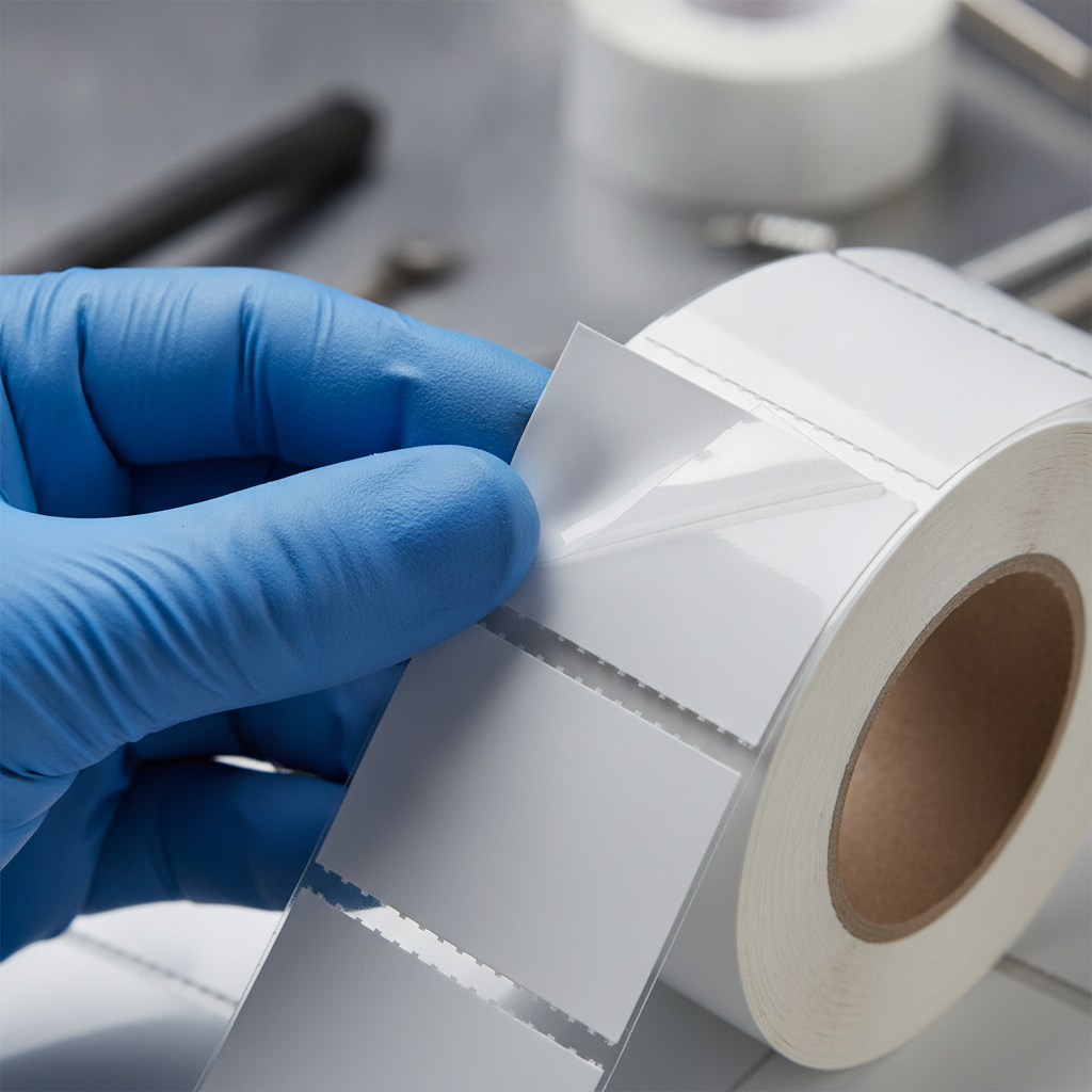 Close-up of a technician applying a vinyl pipe marker from a roll, showing adhesive and perforation details for industrial pipe labeling