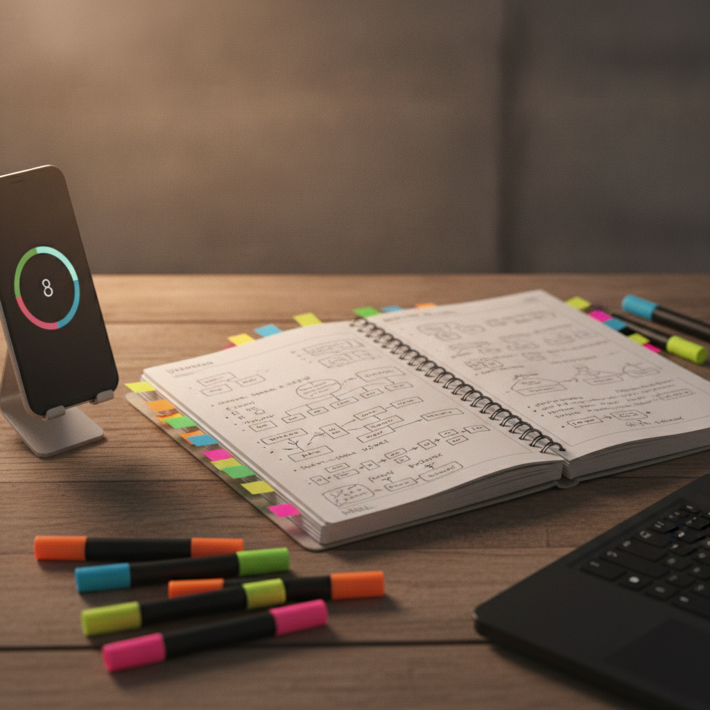Close-up of BABOK-aligned CCBA weekend class study setup with color-coded notes and timer