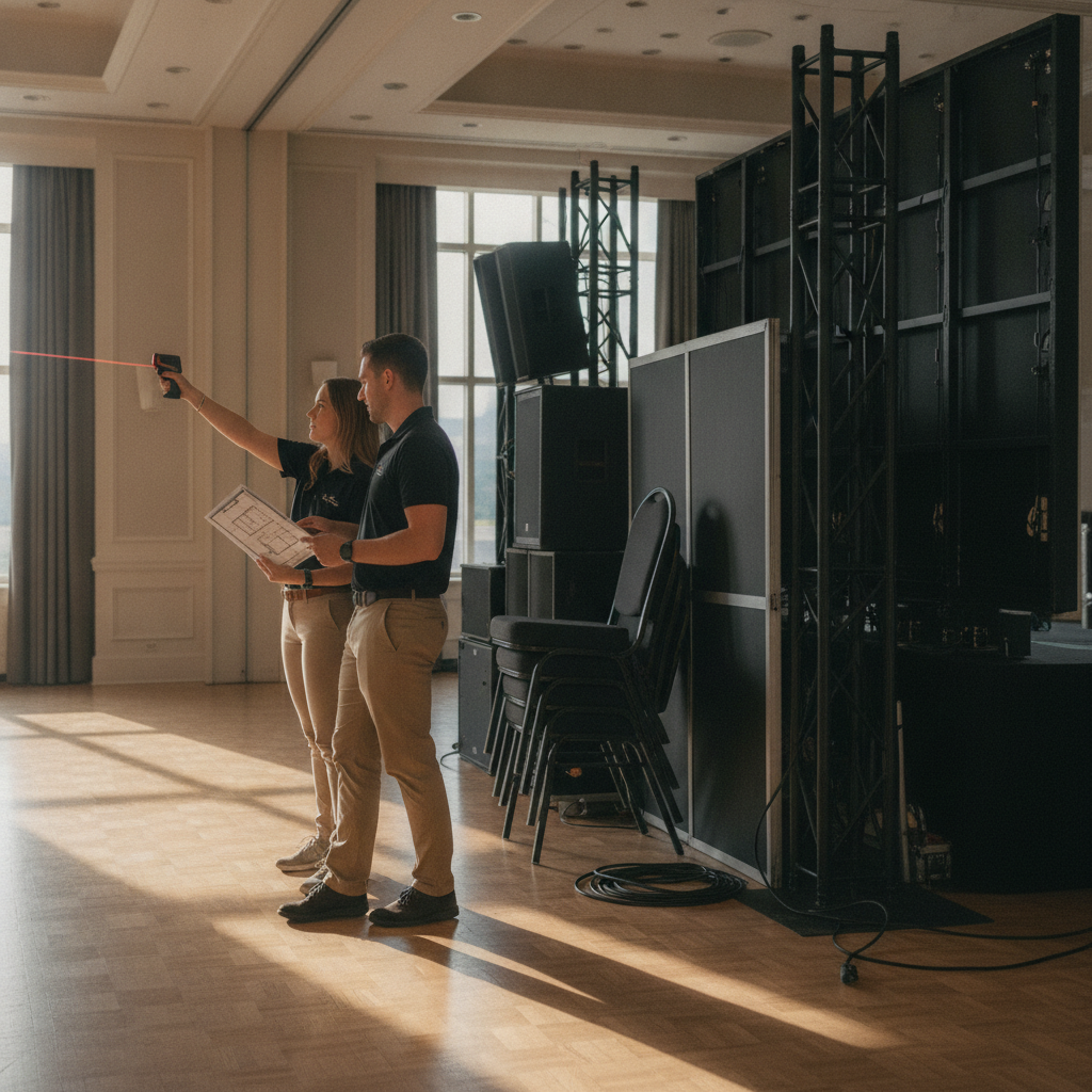 Event team measuring ballroom for Mississauga banquet hall capacity with laser and floor plan