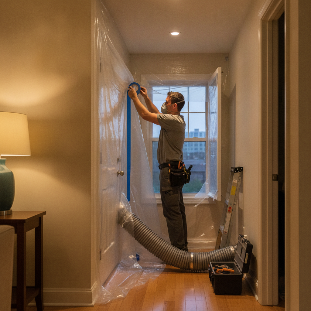 Technician creating negative air containment with clear plastic and tape in a residential hallway during mold work