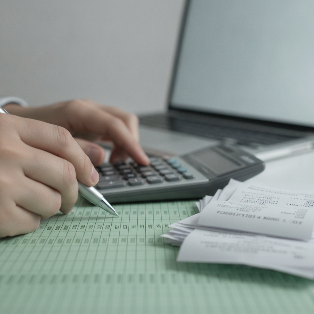 Close-up of accountant using calculator for BAS and payroll reconciliations in an accounting taxation services workflow
