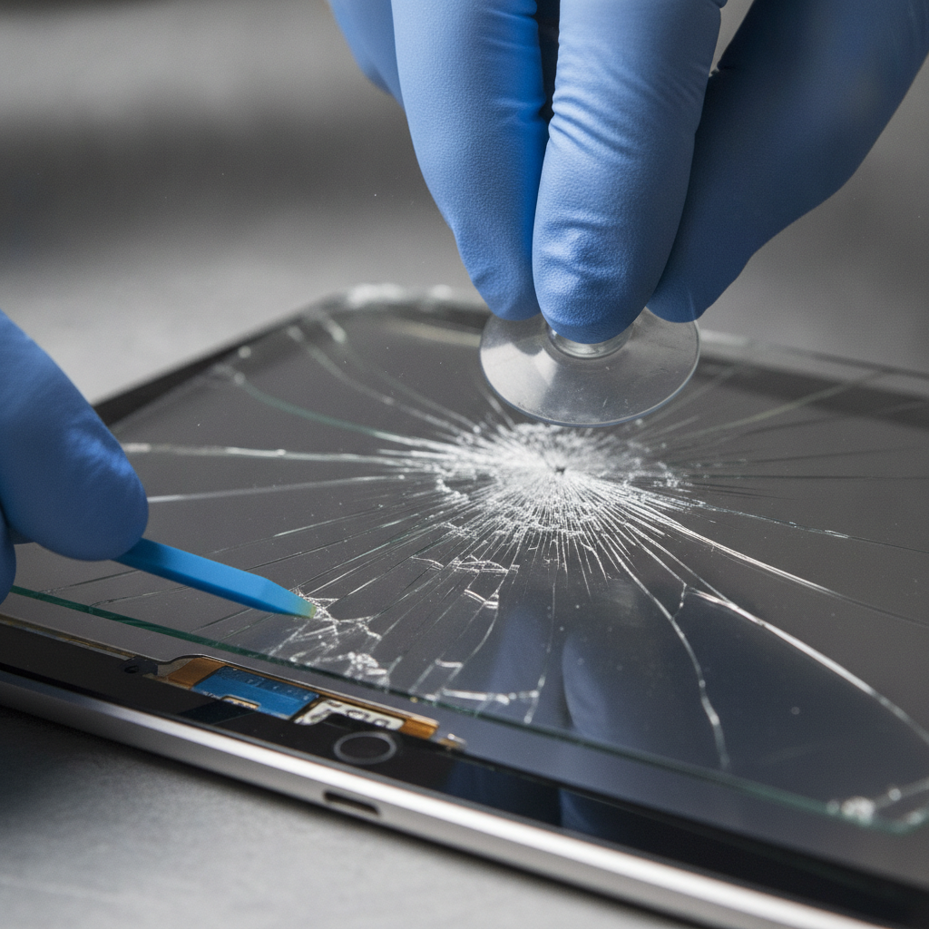 Close-up of cracked tablet screen and digitizer separation during screen repair diagnostic, highlighting tablet repair cost factors and parts decisions
