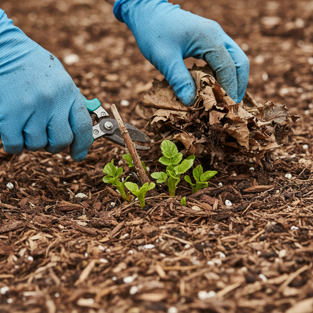 Close-up of hands pruning perennials during garden bed cleanup with fresh mulch in Mississauga