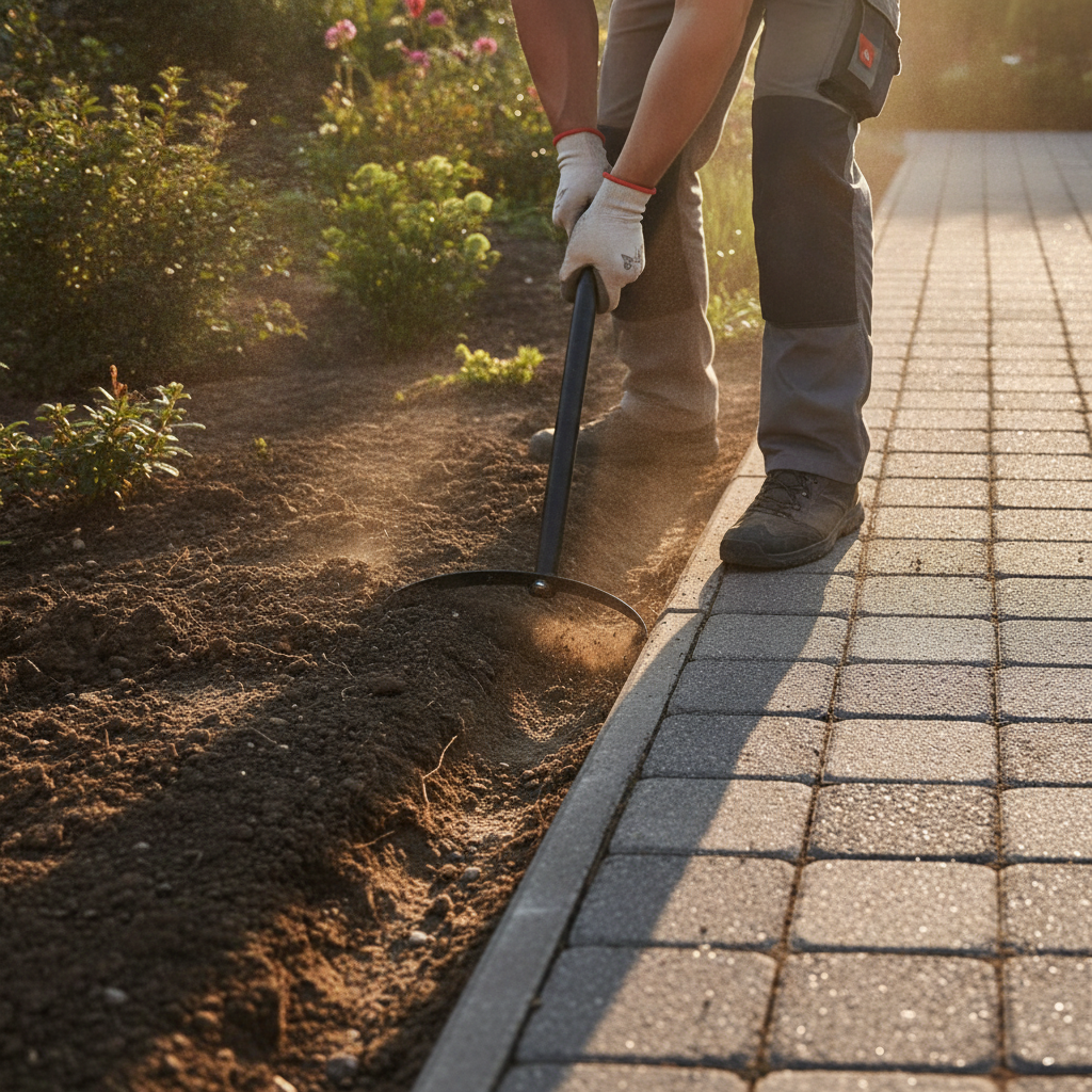 Manual half-moon edging tool defining a crisp garden bed edge beside interlocking pavers in Mississauga