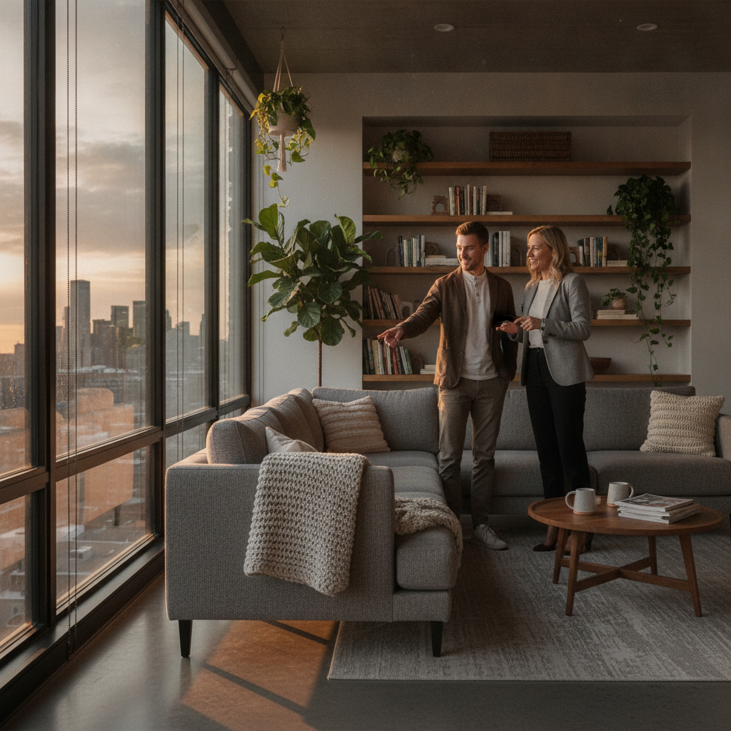 A REALTOR guiding Edmonton home buyers during a living room tour, illustrating how to compare homes quickly and craft offers for MLS listings Edmonton